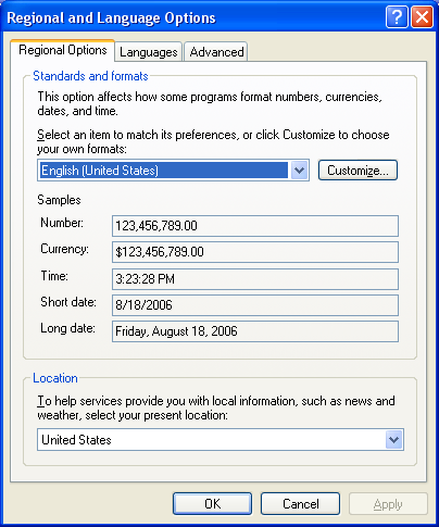 Regional and Language Options Control Panel